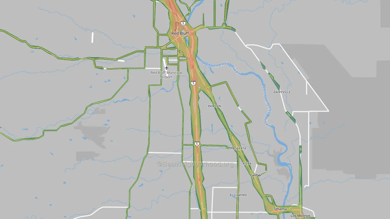 Tehama County, CA Map of Noise Levels in Tehama County