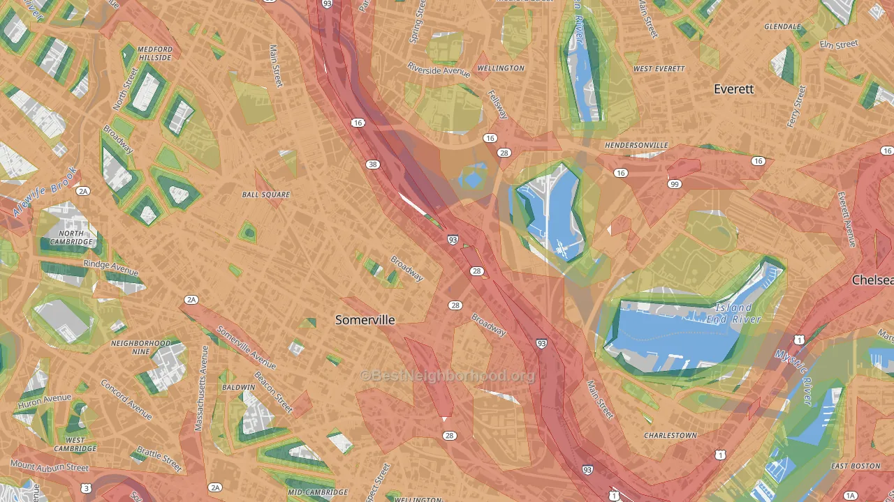 Ten Hills, Somerville, MA Map of Noise Levels in Ten Hills