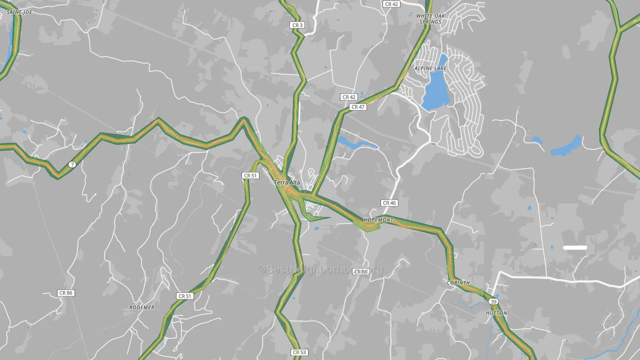 Terra Alta, WV Map of Noise Levels in Terra Alta