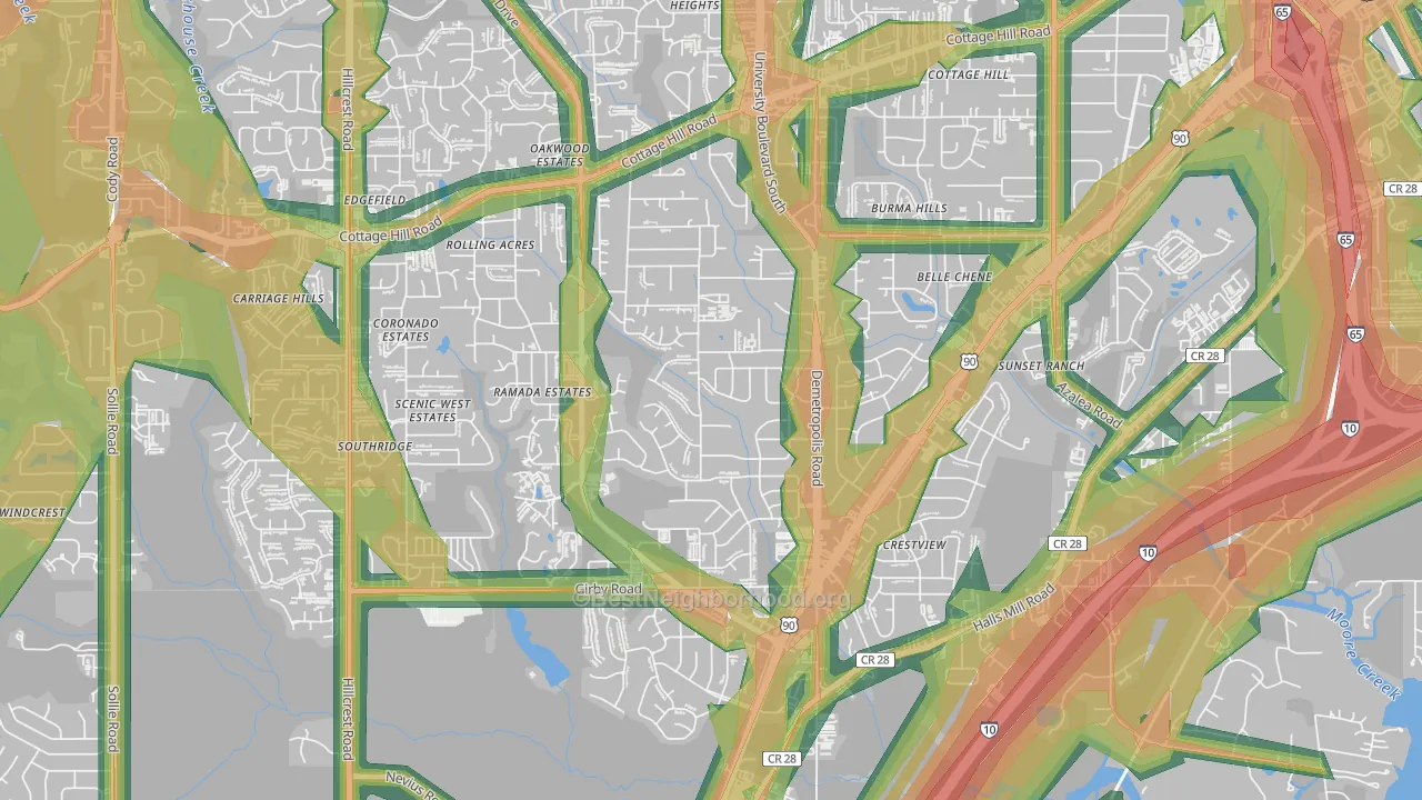 Terrace Hills, Mobile, AL Map of Noise Levels in Terrace Hills