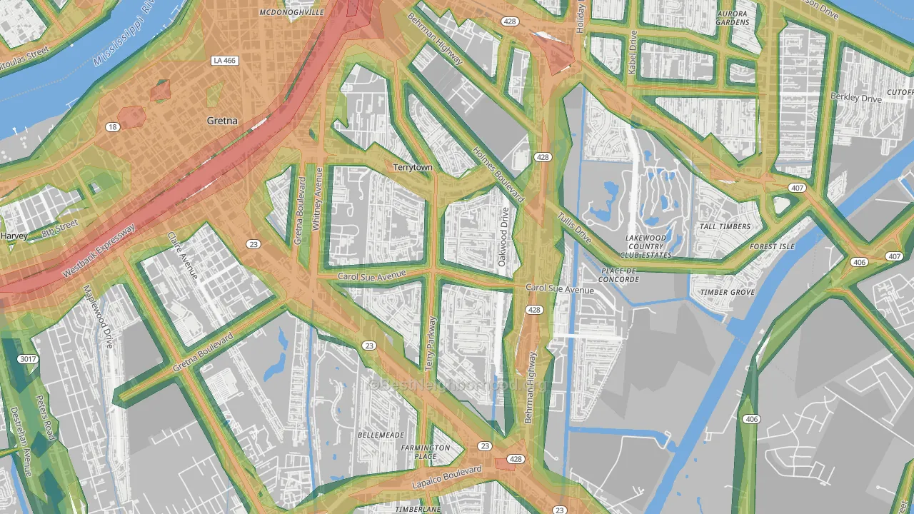 Terrytown, LA Map of Noise Levels in Terrytown