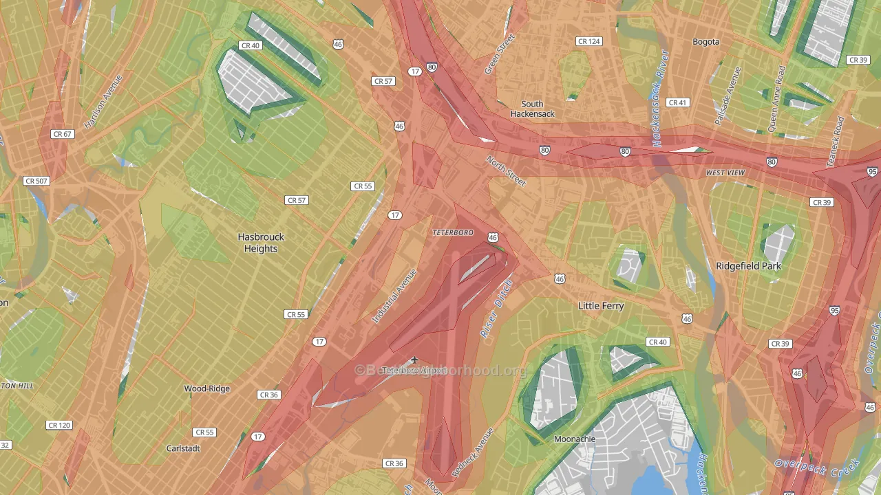 Teterboro, NJ Map of Noise Levels in Teterboro