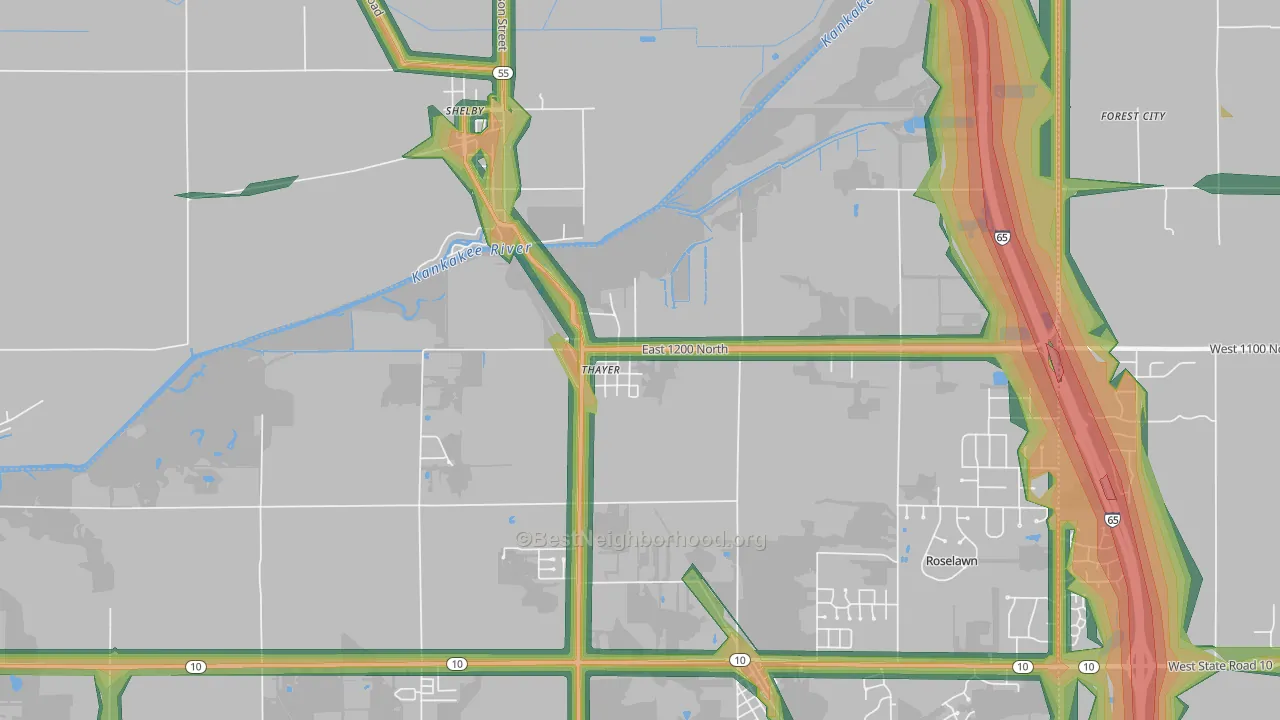 Thayer, IN Map of Noise Levels in Thayer