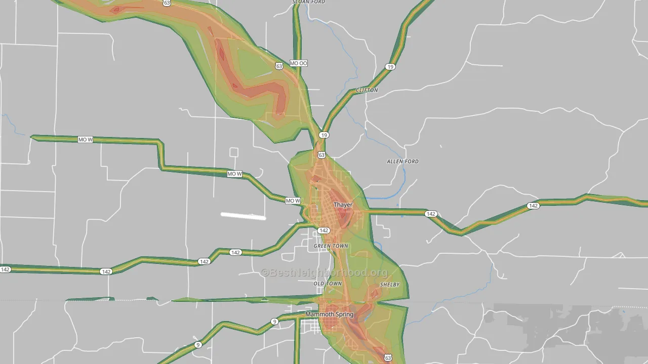 Thayer, MO Map of Noise Levels in Thayer