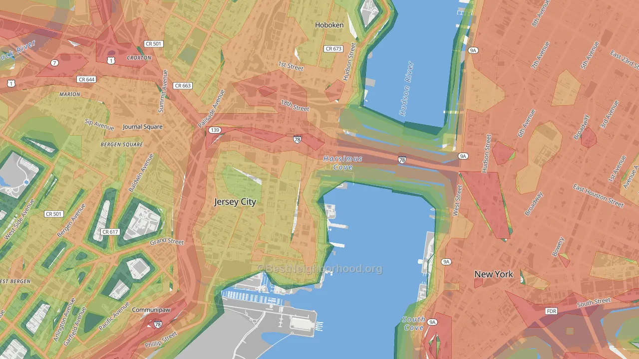 The Waterfront, Jersey City, NJ Map of Noise Levels in The Waterfront