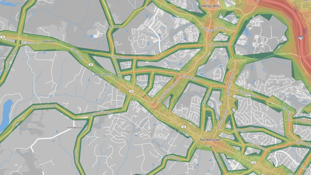 The Woodlands, Randallstown, MD Map of Noise Levels in The Woodlands