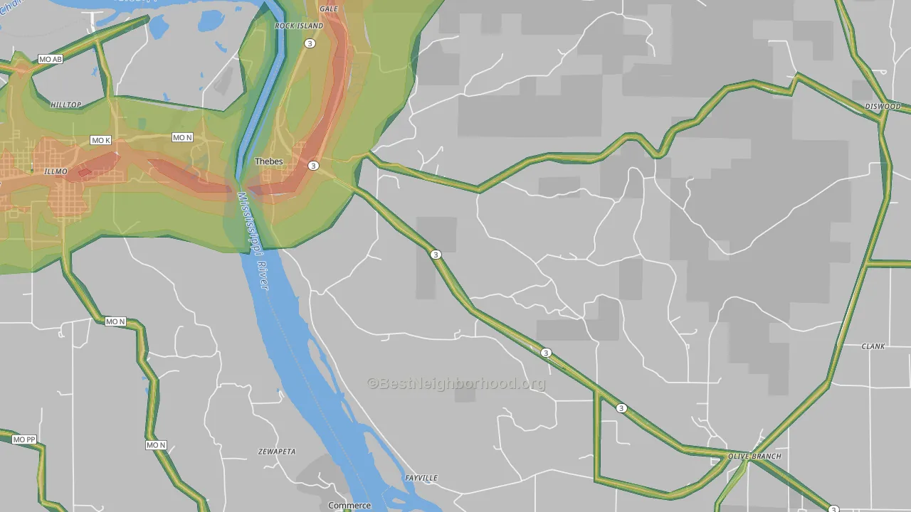 Thebes, IL Map of Noise Levels in Thebes