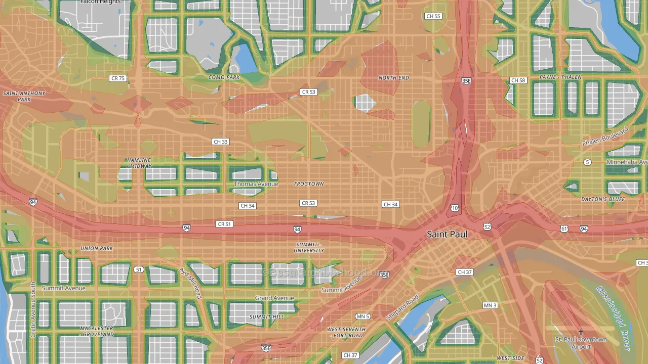 Thomas-Dale, St. Paul, MN Map of Noise Levels in Thomas-Dale