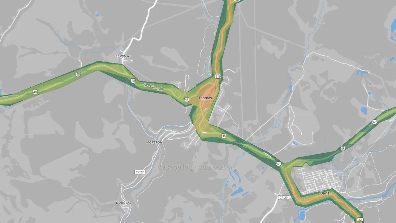 Thomas, WV Map of Noise Levels in Thomas
