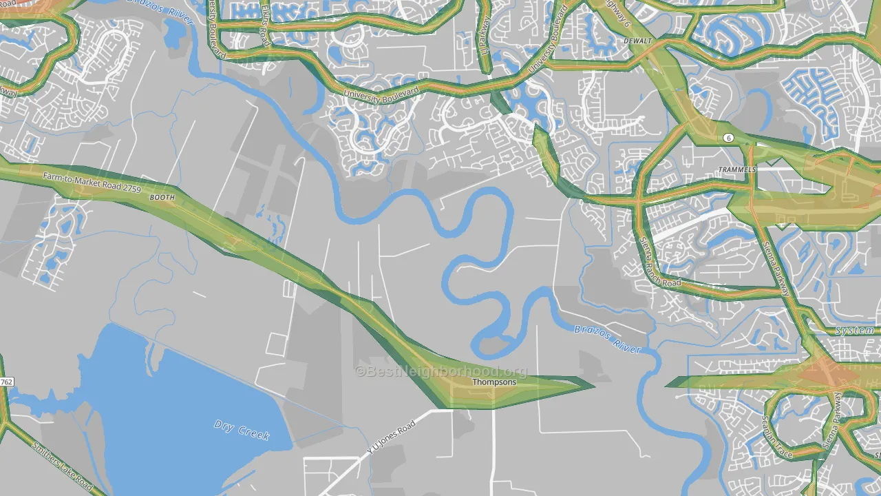 Thompsons, TX Map of Noise Levels in Thompsons