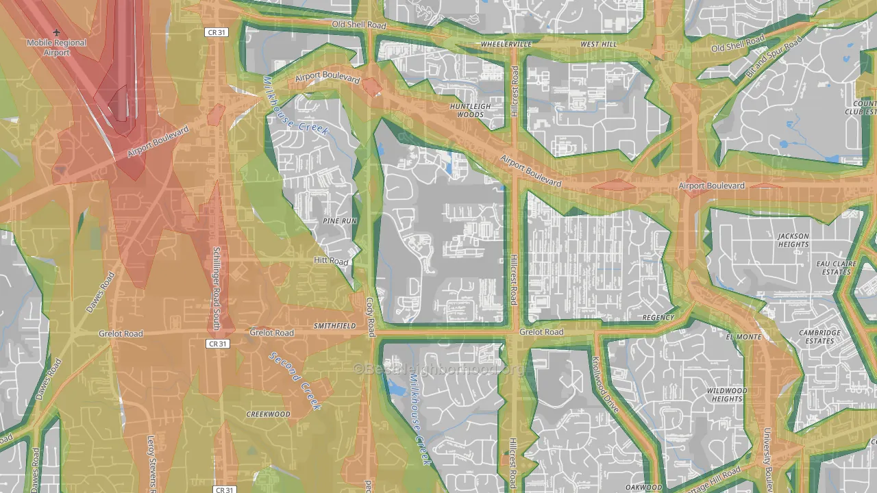 Thornhill, Mobile, AL Map of Noise Levels in Thornhill