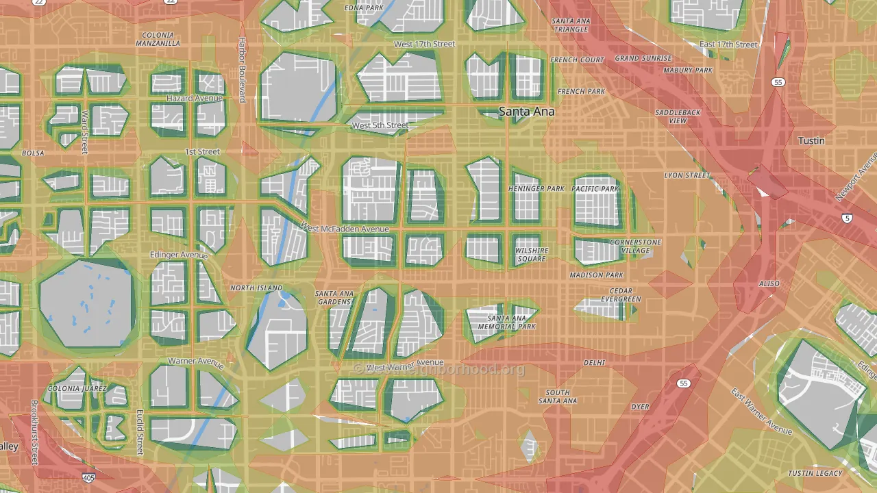 Thornton Park, Santa Ana, CA Map of Noise Levels in Thornton Park