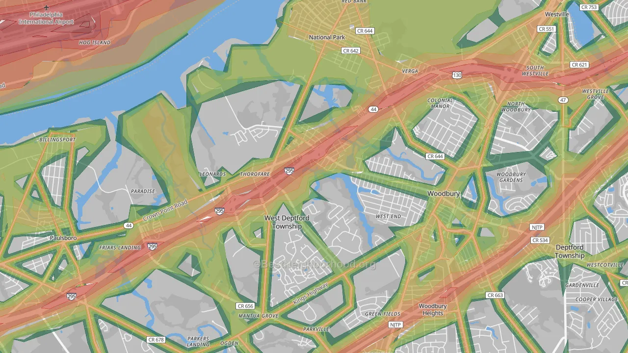 Thorofare, NJ Map of Noise Levels in Thorofare