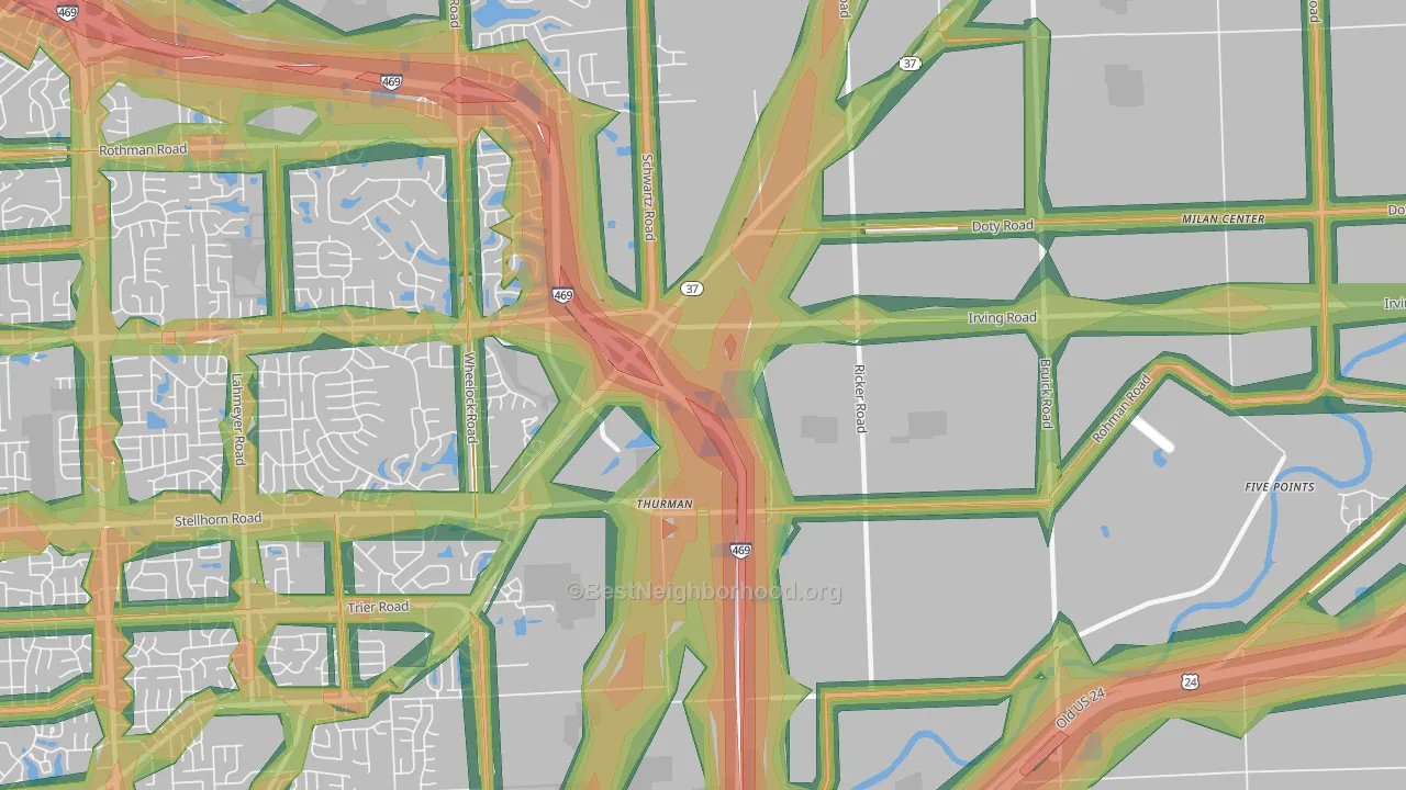 Thurman, IN Map of Noise Levels in Thurman