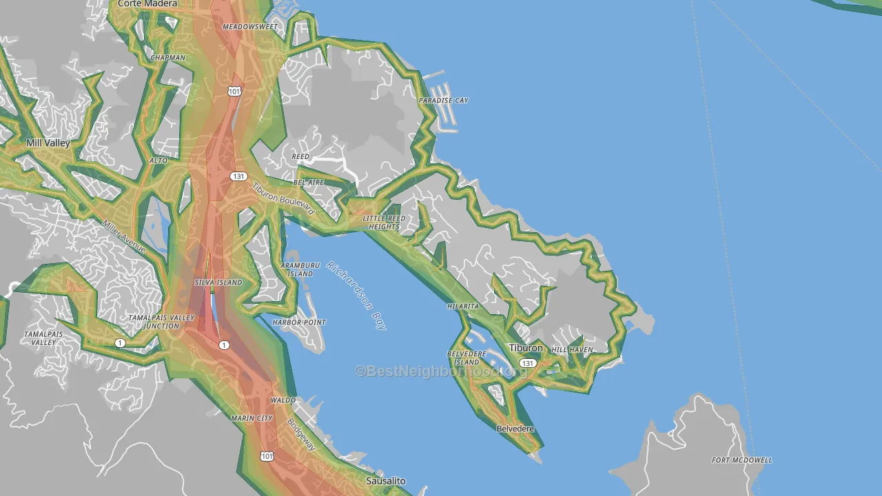 Tiburon, CA Map of Noise Levels in Tiburon