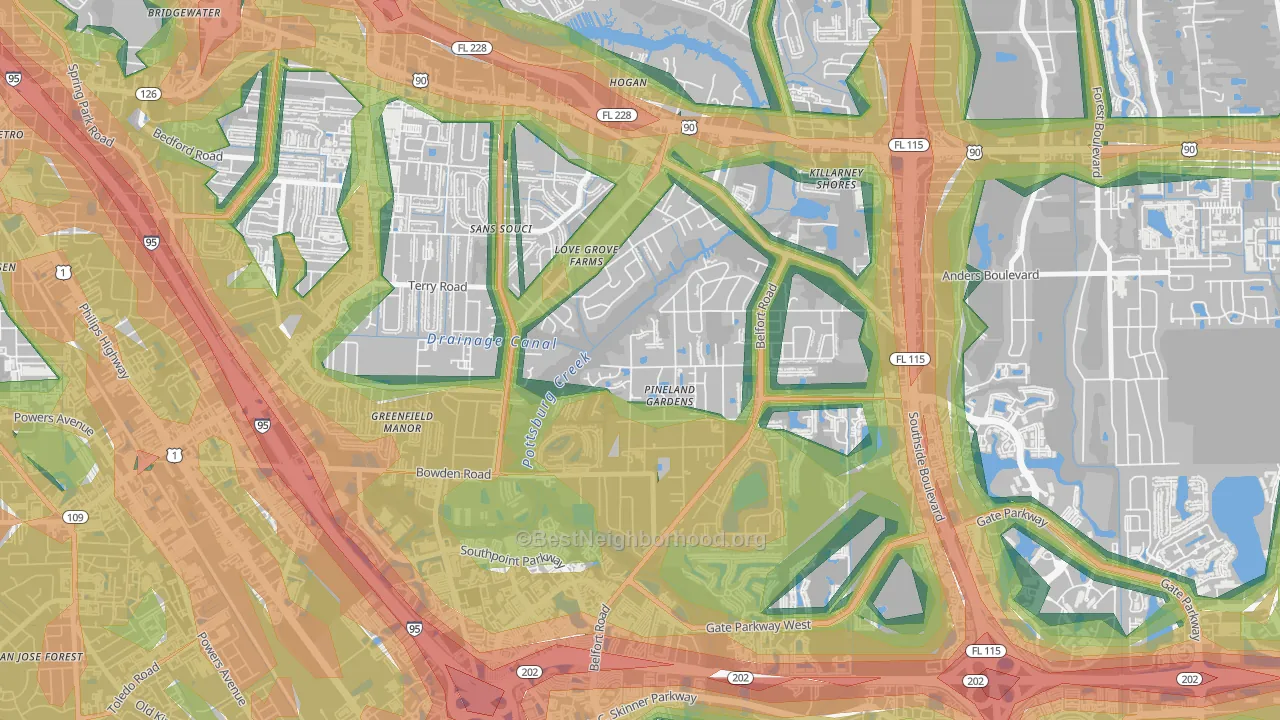 Tiger Hole-Secret Woods, Jacksonville, FL Map of Noise Levels in Tiger Hole-Secret Woods