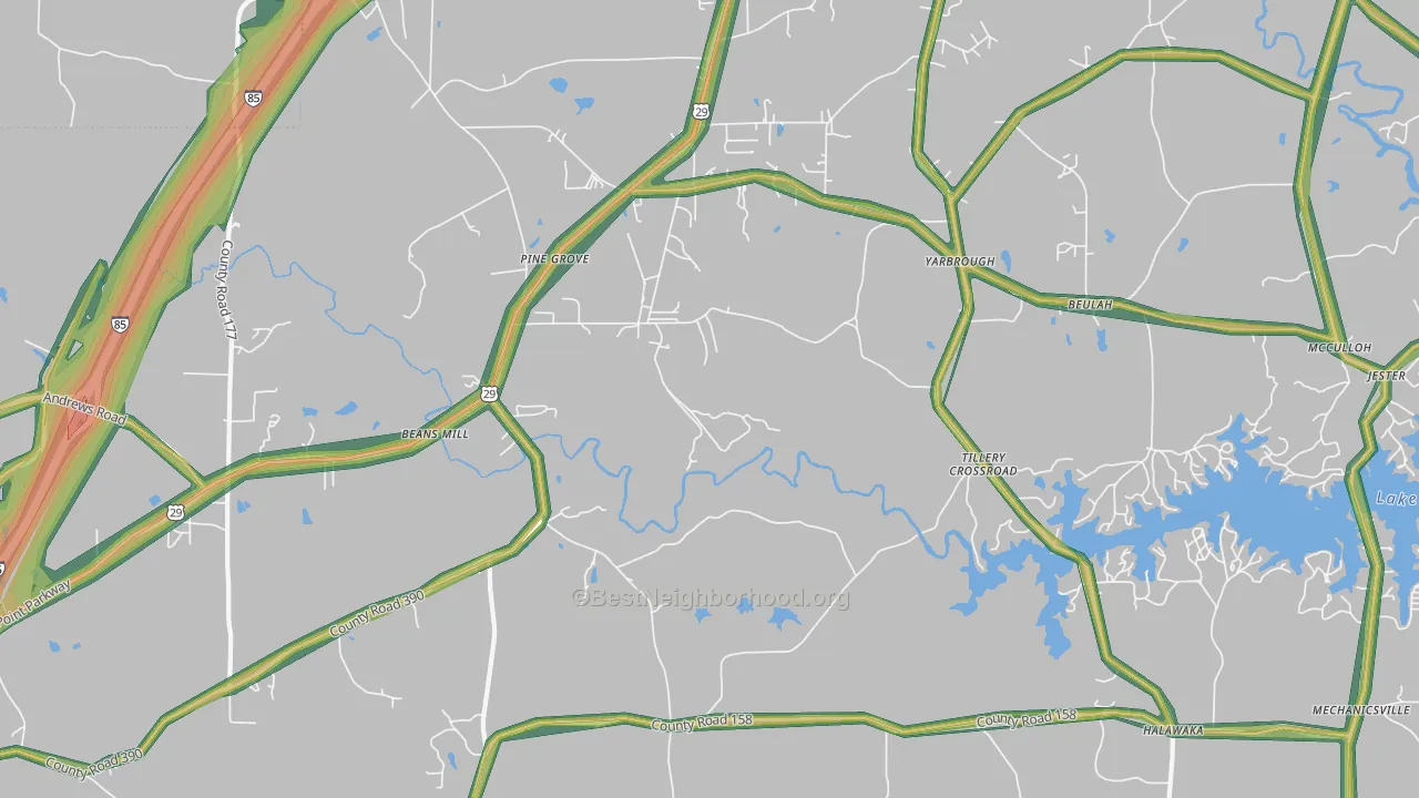 Tillery Crossroads, AL Map of Noise Levels in Tillery Crossroads
