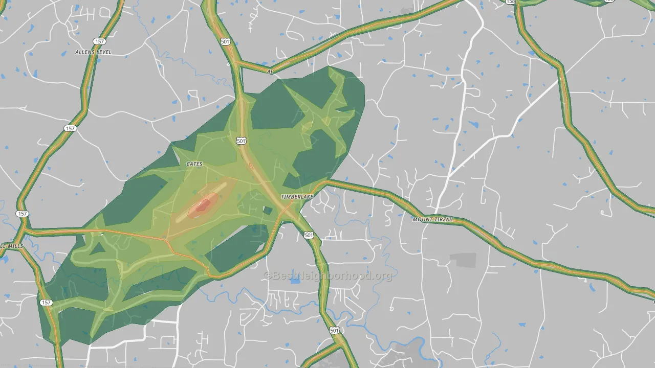 Timberlake, NC Map of Noise Levels in Timberlake