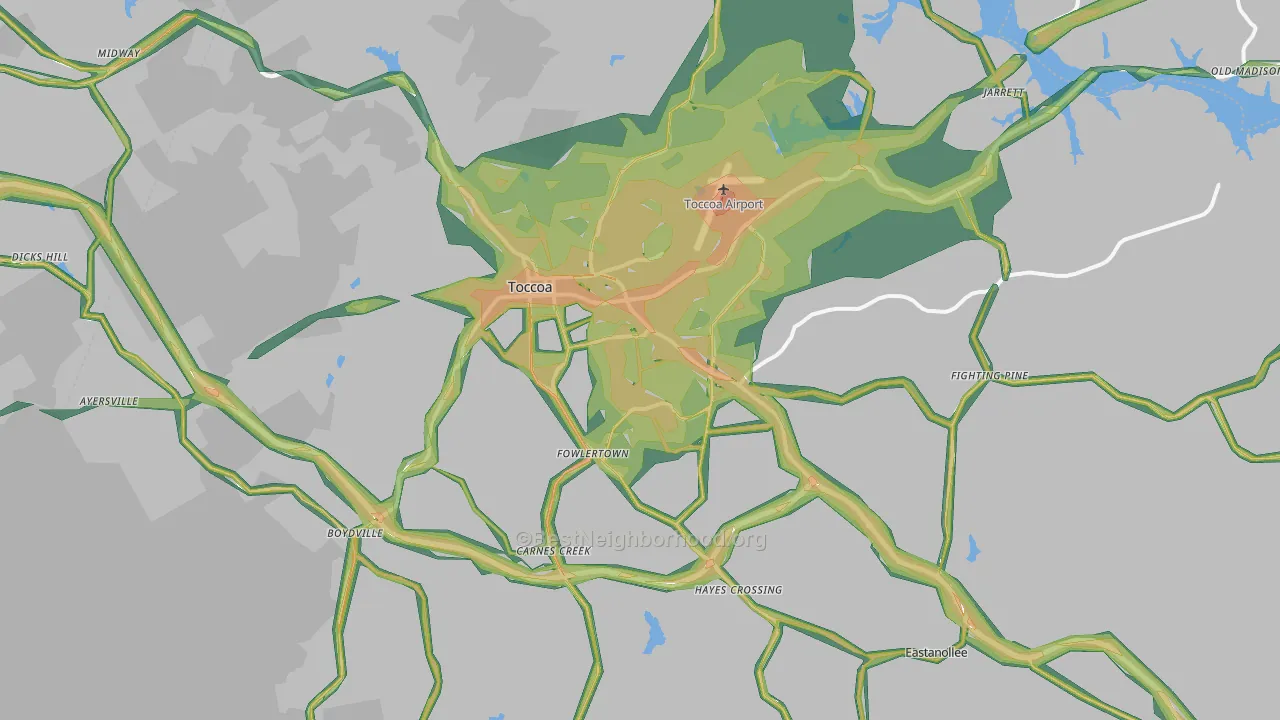 Toccoa, GA Map of Noise Levels in Toccoa