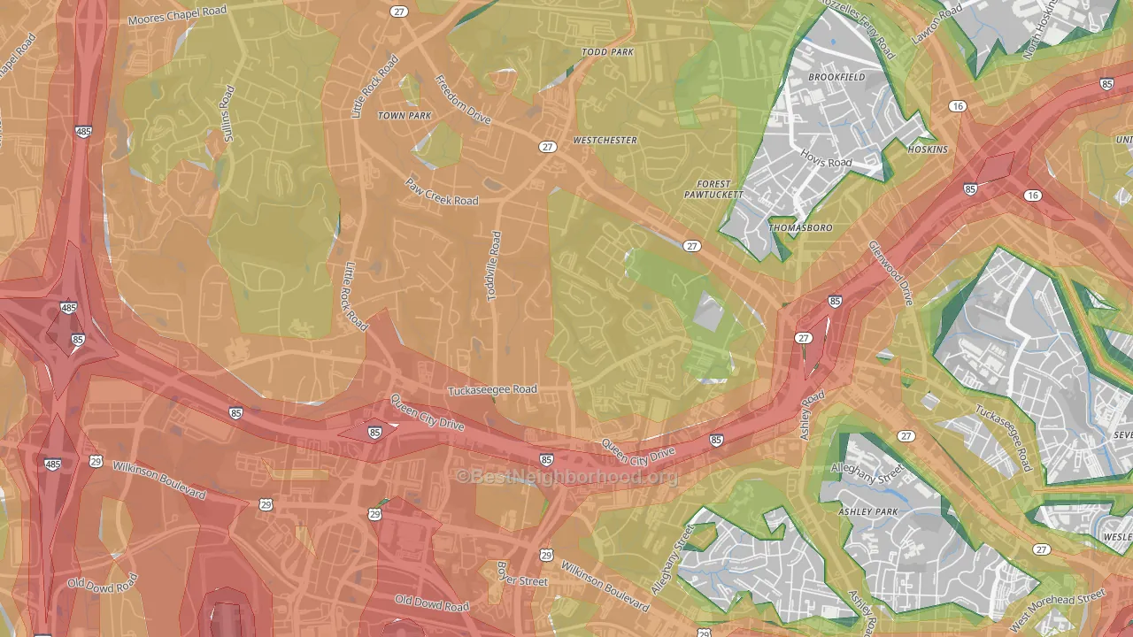 Toddville Road, Charlotte, NC Map of Noise Levels in Toddville Road