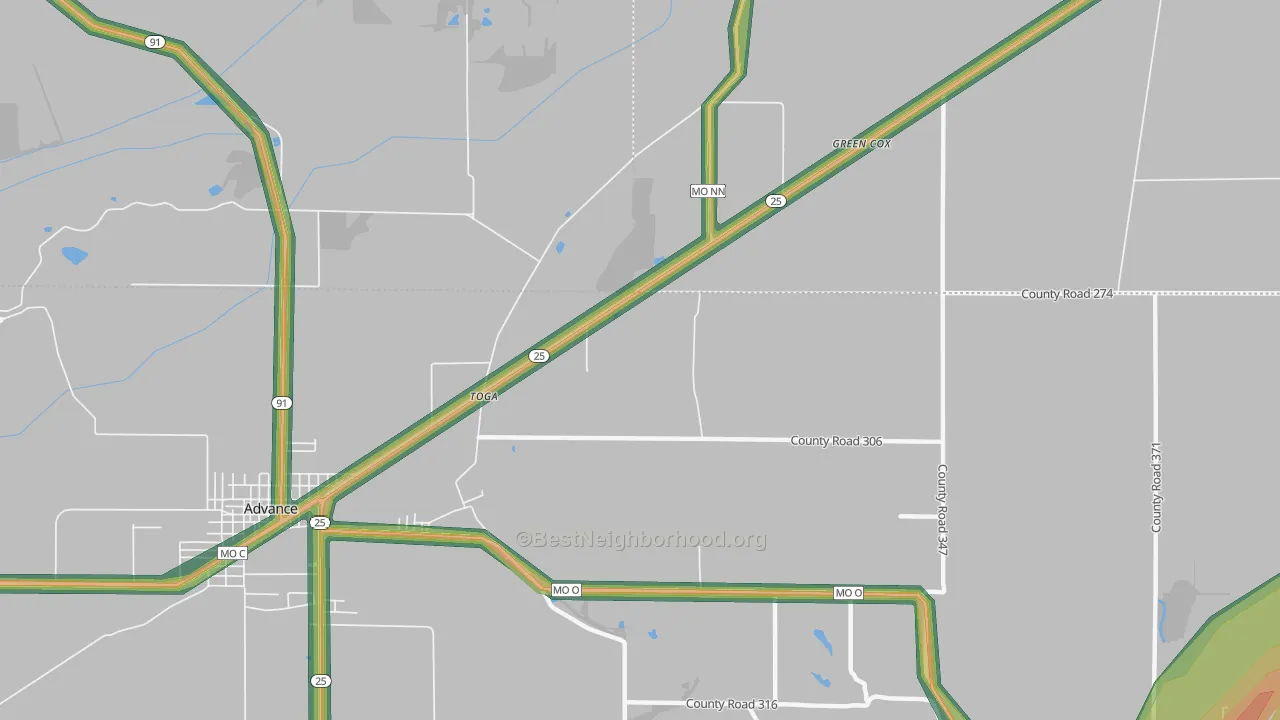 Toga, MO Map of Noise Levels in Toga