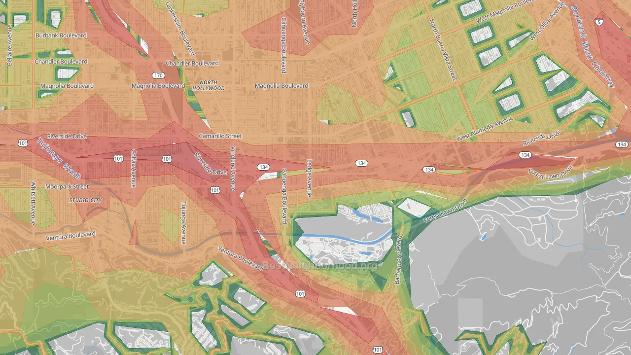 Toluca Lake, North Hollywood, CA Map of Noise Levels in Toluca Lake
