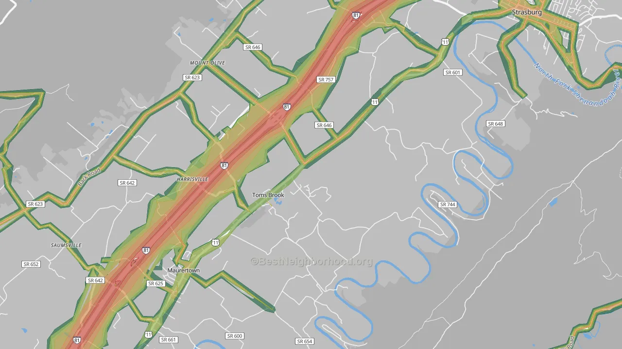 Toms Brook, VA Map of Noise Levels in Toms Brook