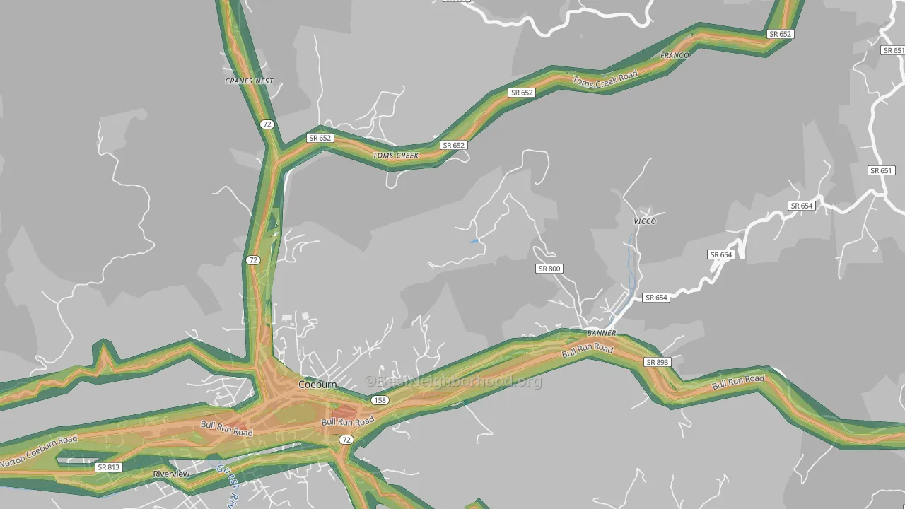 Toms Creek, VA Map of Noise Levels in Toms Creek