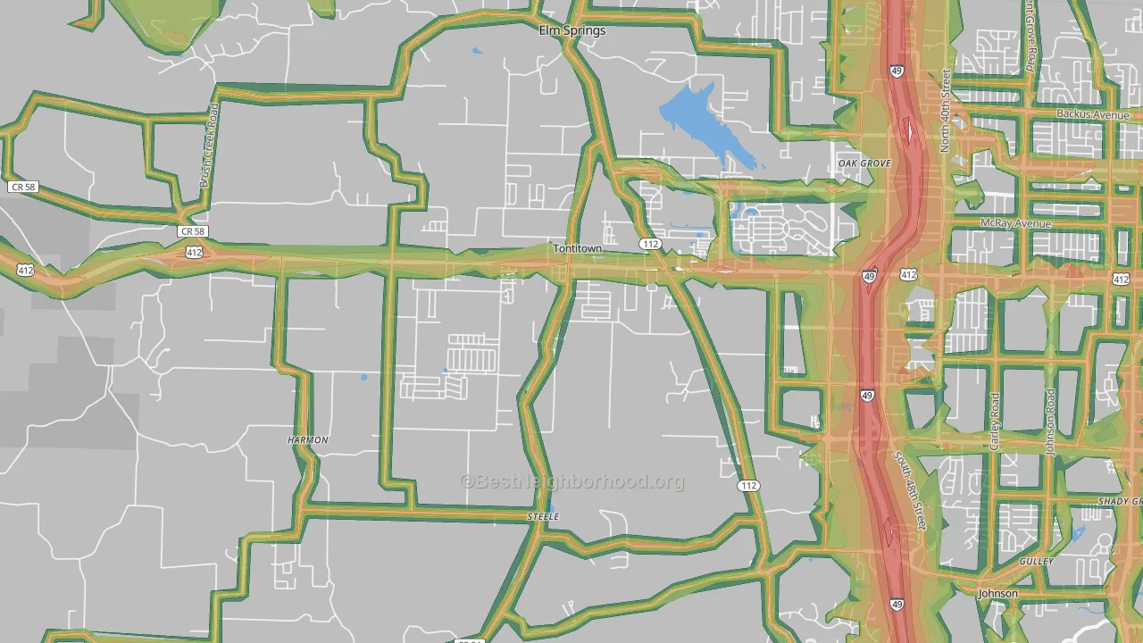 Tontitown, AR Map of Noise Levels in Tontitown