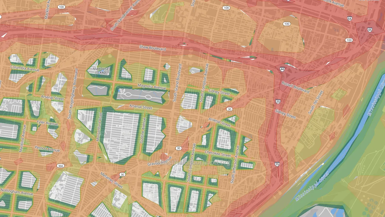 Tower Grove East, St. Louis, MO Map of Noise Levels in Tower Grove East