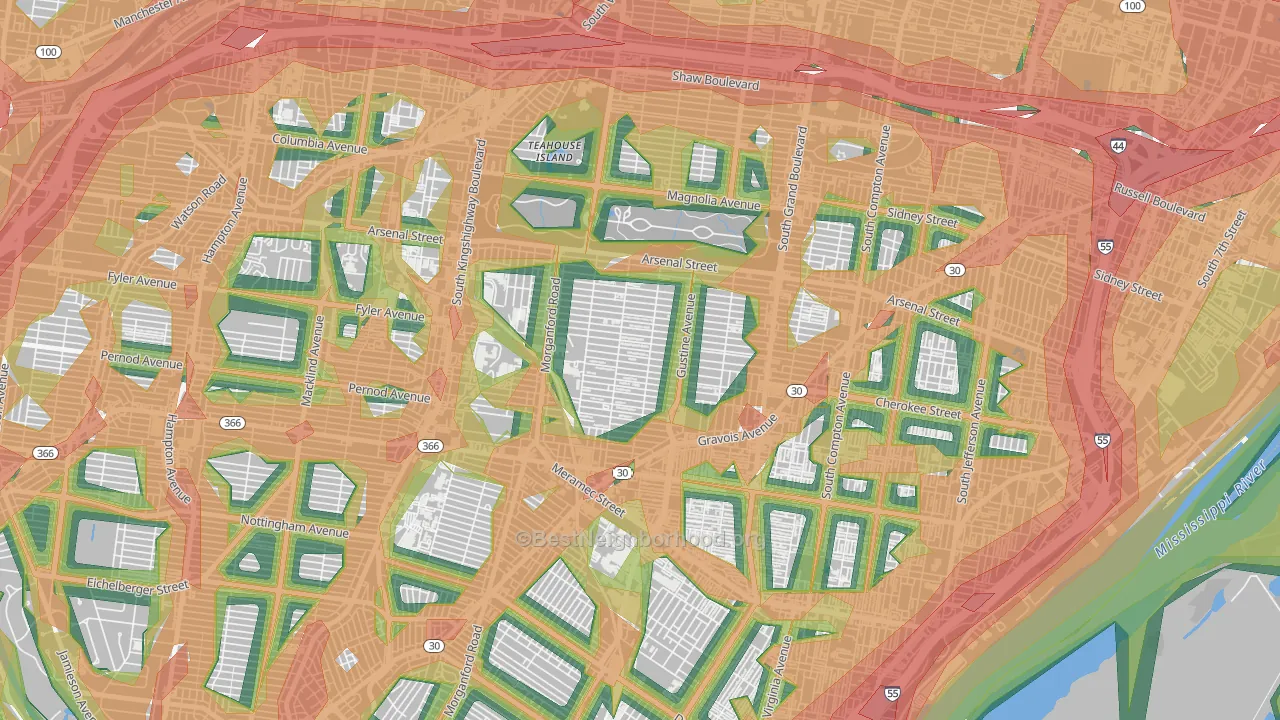 Tower Grove South, St. Louis, MO Map of Noise Levels in Tower Grove South