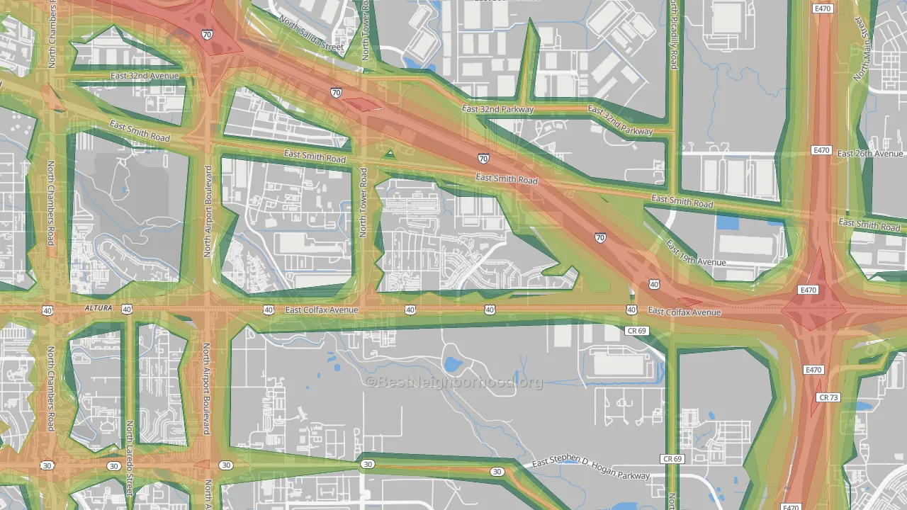 Tower Triangle, Aurora, CO Map of Noise Levels in Tower Triangle
