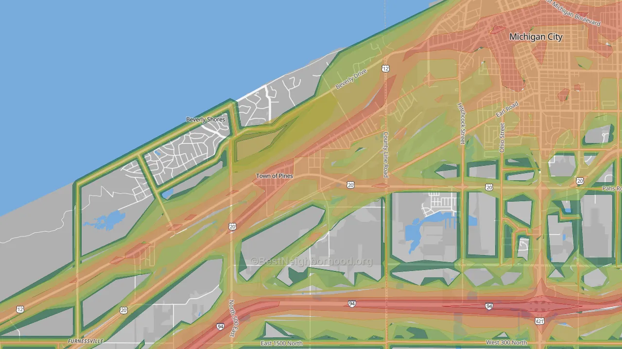 Town of Pines, IN Map of Noise Levels in Town of Pines