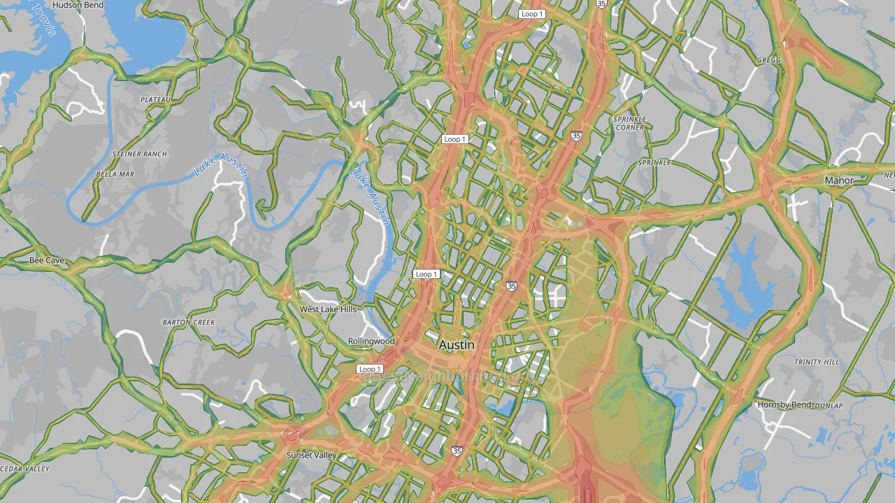 Travis County, TX Map of Noise Levels in Travis County