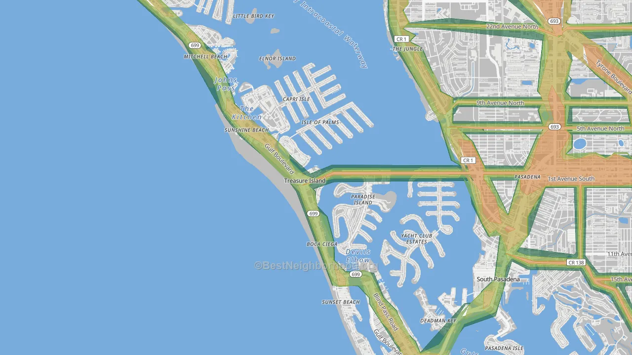 Treasure Island, FL Map of Noise Levels in Treasure Island