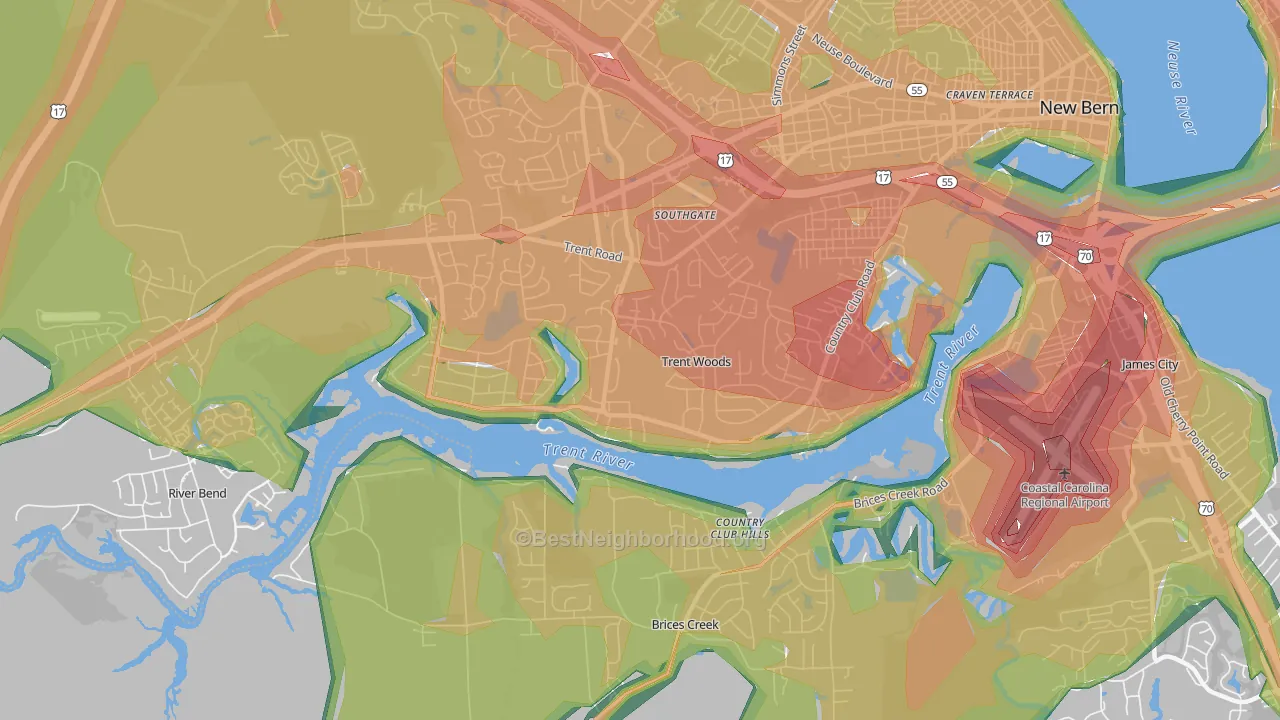 Trent Woods, NC Map of Noise Levels in Trent Woods