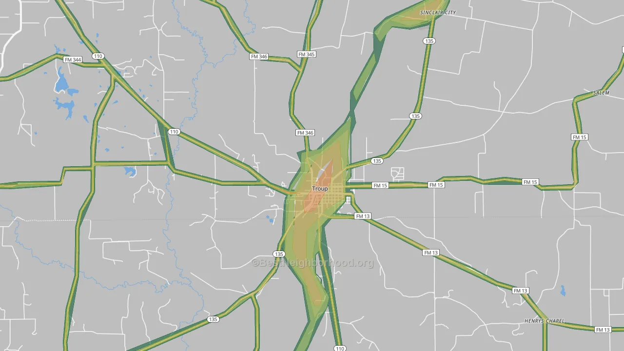 Troup, TX Map of Noise Levels in Troup