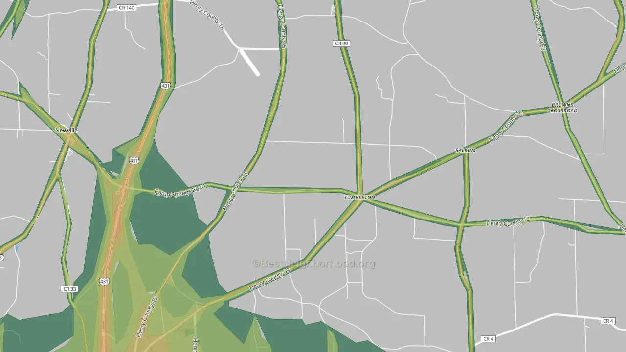 Tumbleton, AL Map of Noise Levels in Tumbleton