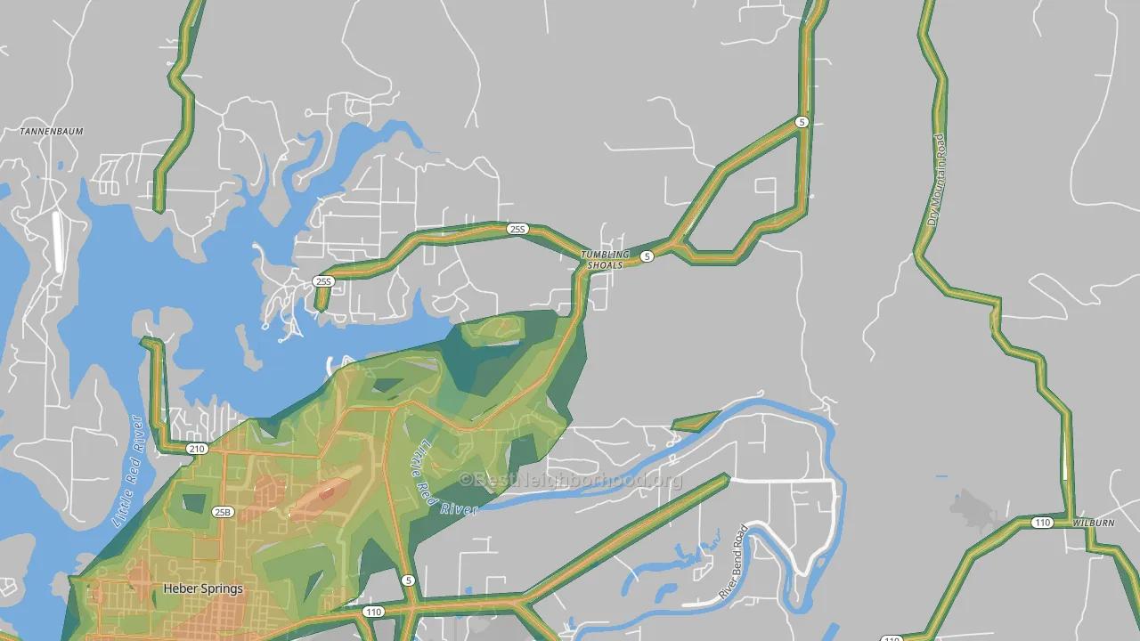 Tumbling Shoals, AR Map of Noise Levels in Tumbling Shoals