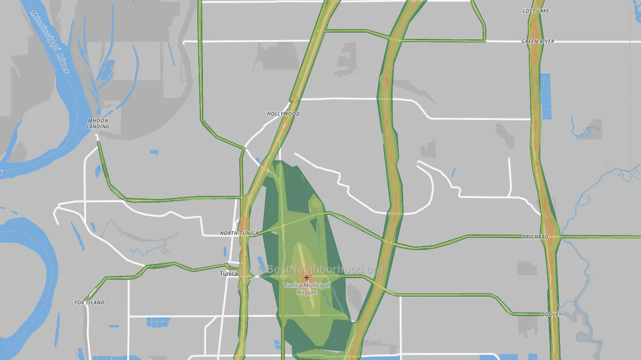 Tunica County, MS Map of Noise Levels in Tunica County