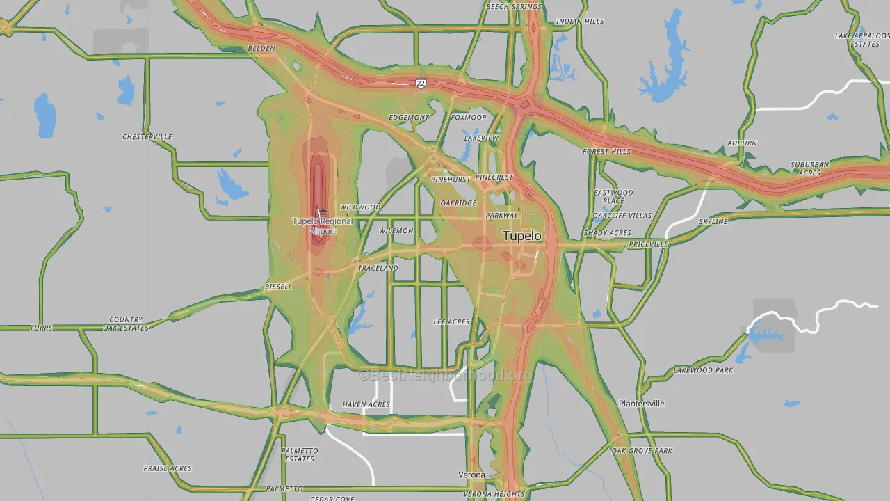 Tupelo, MS Map of Noise Levels in Tupelo