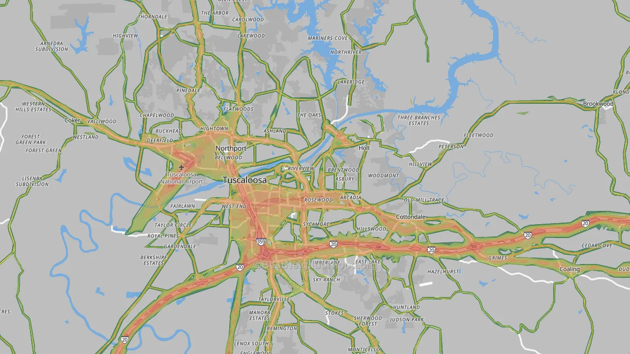 Tuscaloosa County, AL Map of Noise Levels in Tuscaloosa County