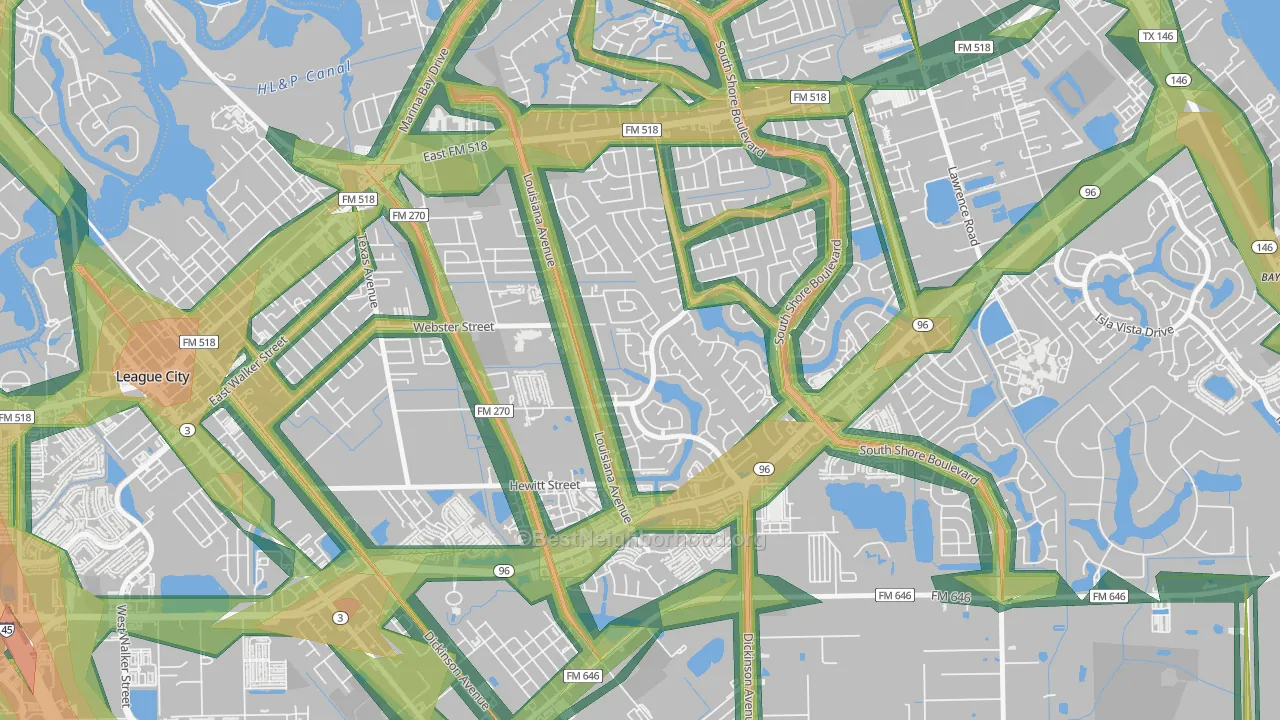 Tuscan Lakes, League City, TX Map of Noise Levels in Tuscan Lakes
