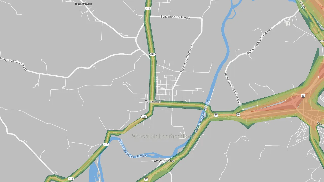 Tuscarawas, OH Map of Noise Levels in Tuscarawas
