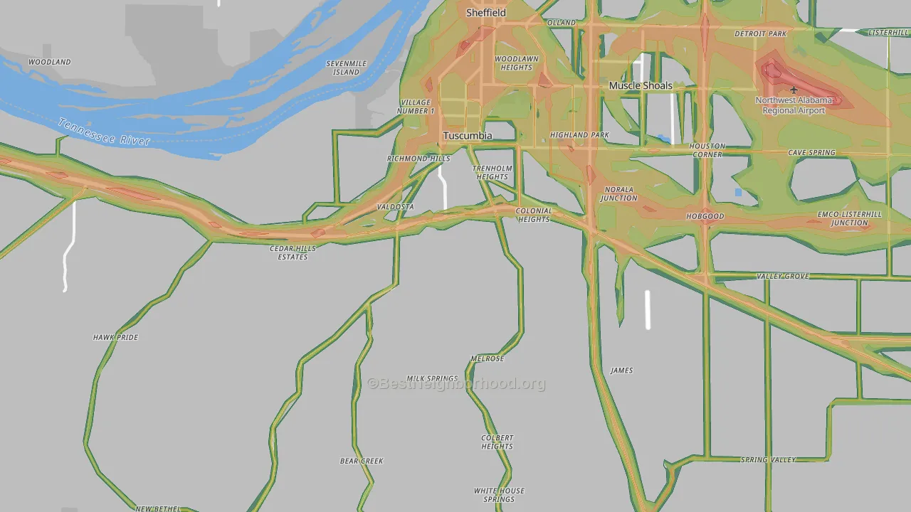 Tuscumbia, AL Map of Noise Levels in Tuscumbia