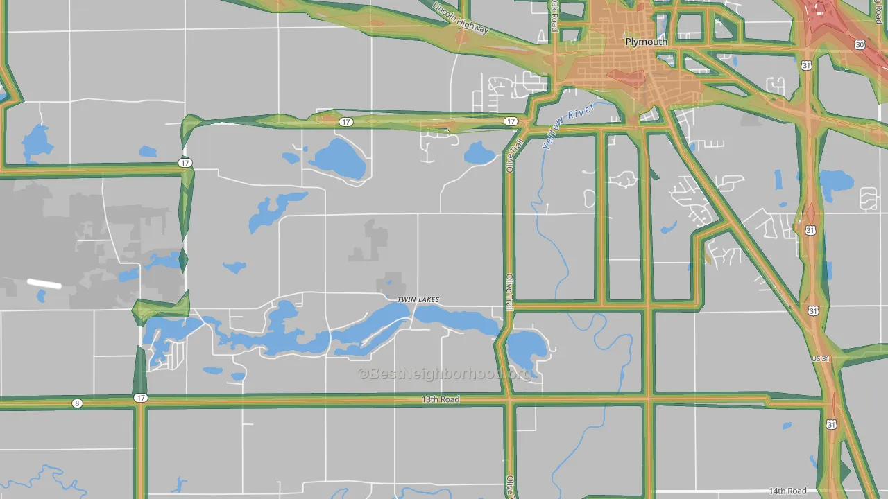 Twin Lakes, IN Map of Noise Levels in Twin Lakes