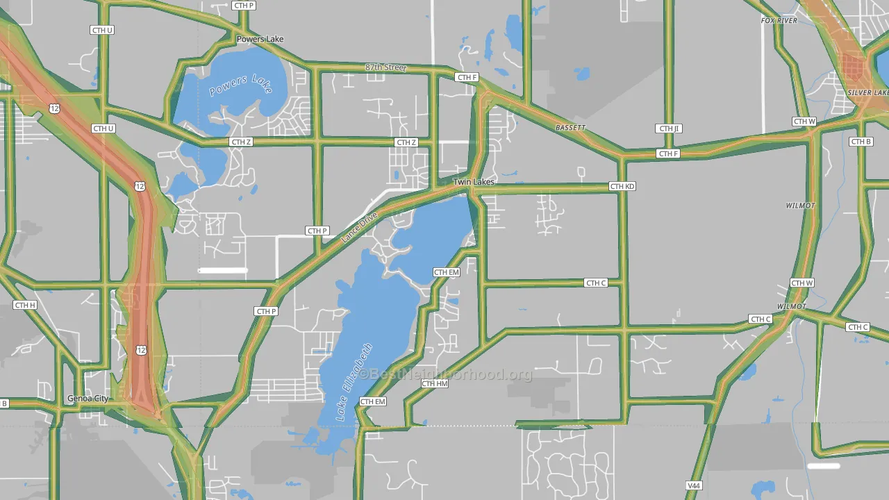 Twin Lakes, WI Map of Noise Levels in Twin Lakes