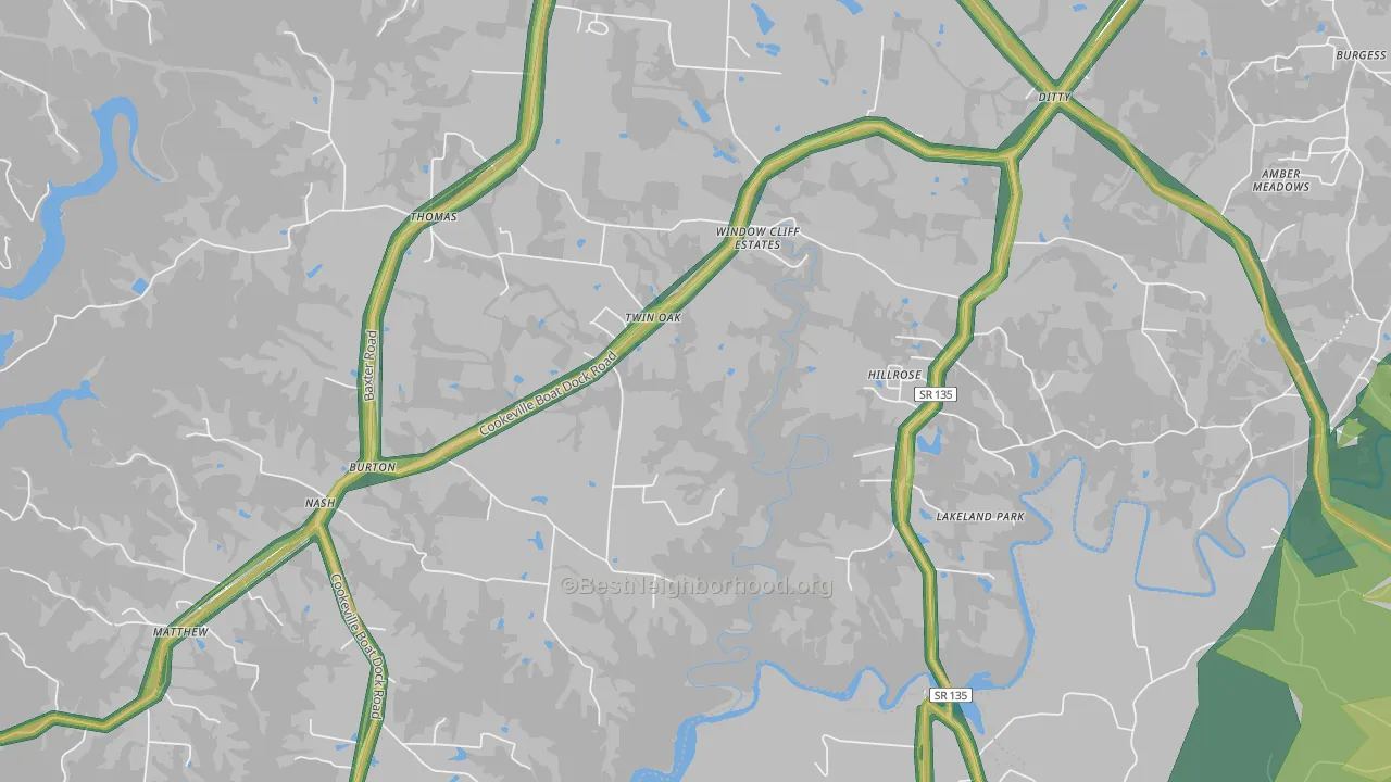 Twin Oak, TN Map of Noise Levels in Twin Oak