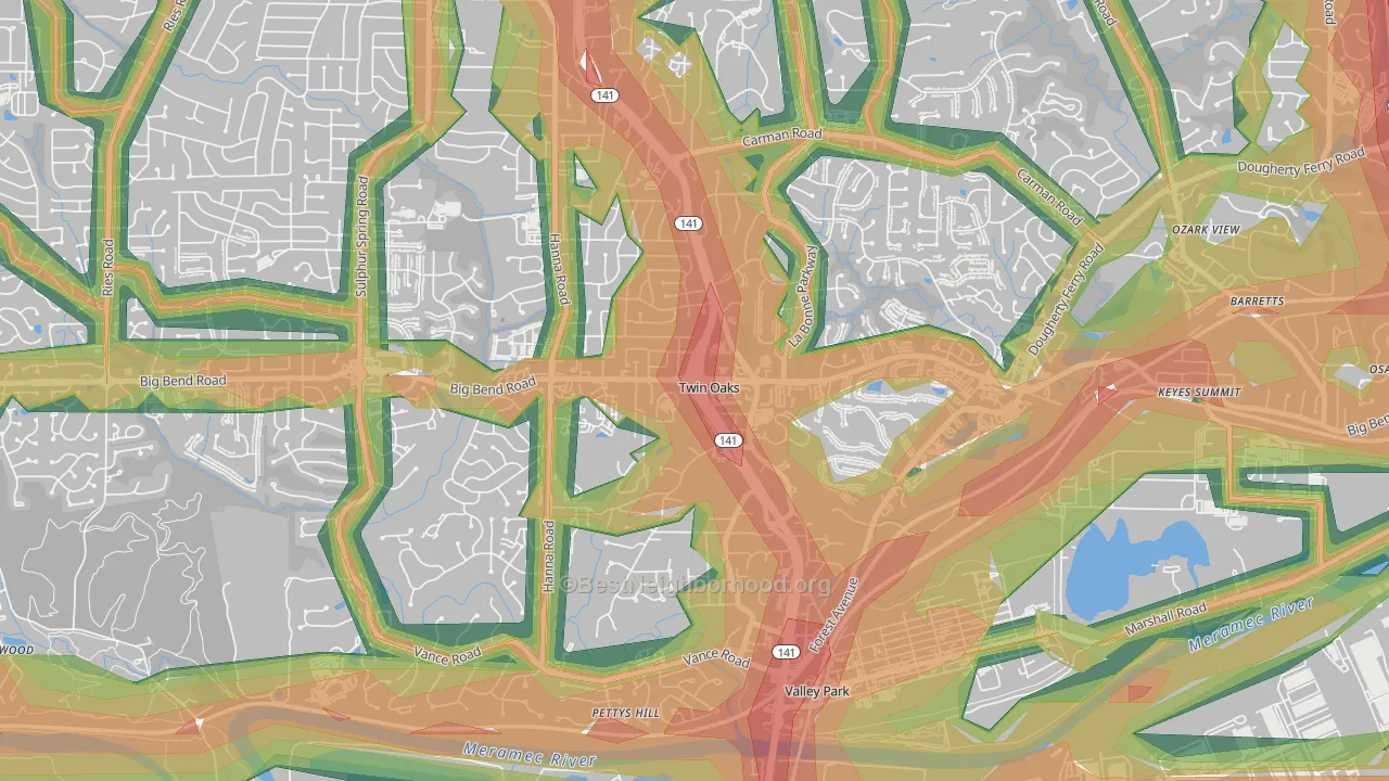 Twin Oaks, MO Map of Noise Levels in Twin Oaks