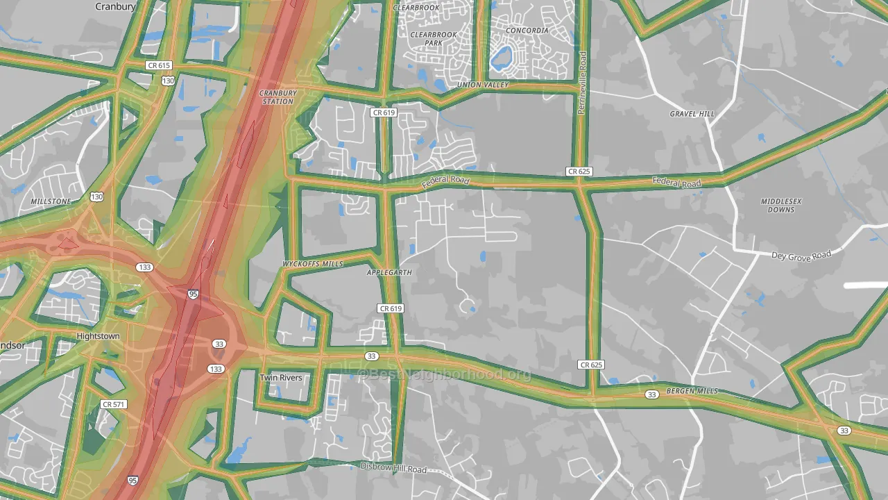 Twin Rivers, NJ Map of Noise Levels in Twin Rivers